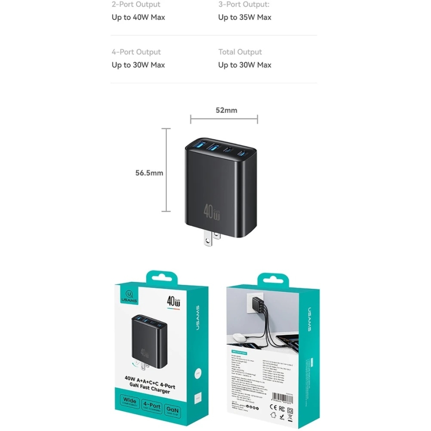 USAMS T70 Charger 40W 2xUSB-A/2xUSB-C Black – 3