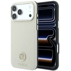 Guess Grained Round Strass Logo MagSafe -kuori, iPhone 18 Pro / 17 Pro -mallille – hiekanvärinen