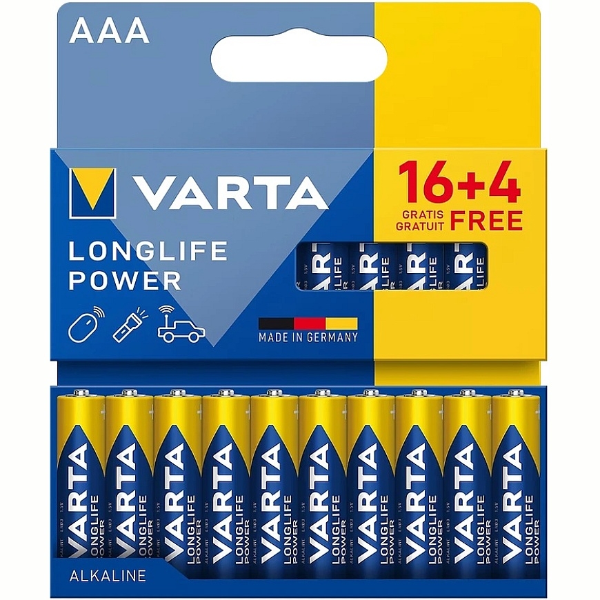 VARTA LR03 Longlife Power Alkaline Battery 16+4 in Blister.