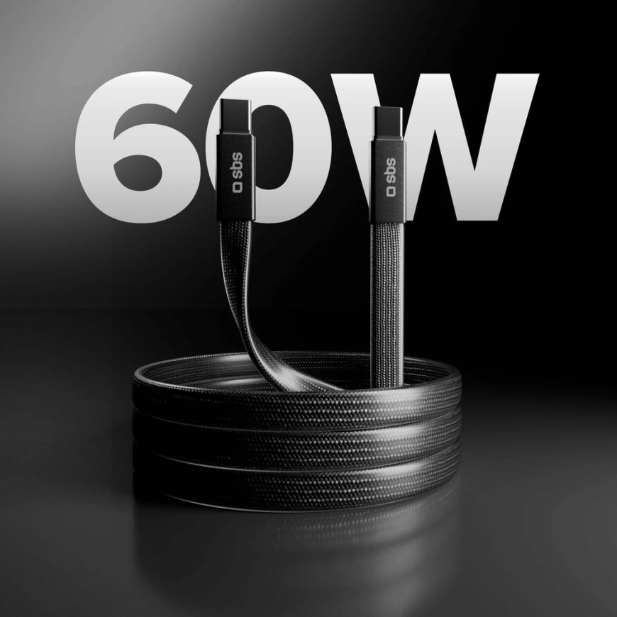SBS USB-C/USB-C Cable, 60W, 1m, Flat Connector, Black – 4