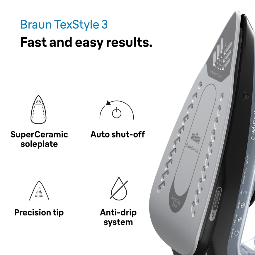 Braun TexStyle 3 SI 3055 Kuiva- & höyrysilitysrauta CeramicGlide-pohjalevy 2400 W musta – 3
