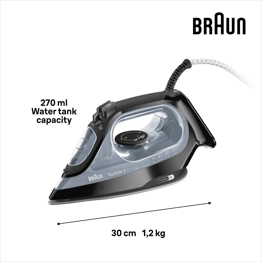 Braun TexStyle 3 SI 3055 Sauso ir garų tipo lygintuvas „CeramicGlide“ padas 2400 W Juoda – 4