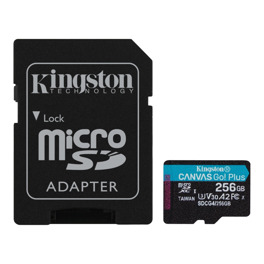 Kingston Technology 256 Gt microSDXC Canvas Go! Plus Gen4 200 Mt/s A2 U3 V30 -kortti + sovitin