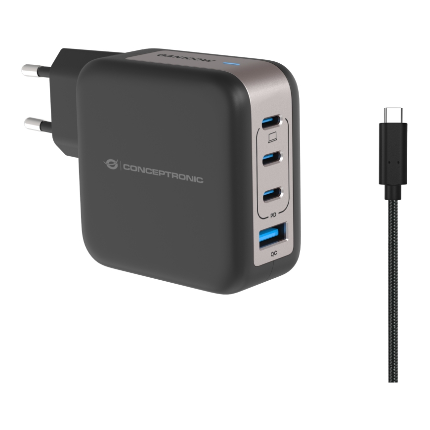 Conceptronic 4-Port 100W GaN USB PD Charger with USB-C Charging Cable, USB-C x 3, USB-A x 1, QC 3.0, PPS