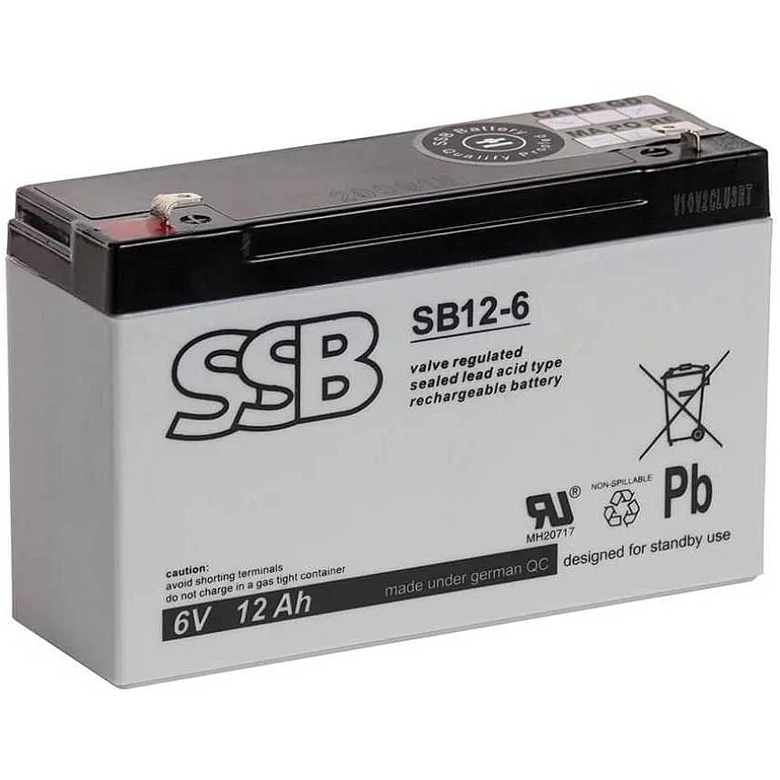 Akumulators SSB SB 12-6 6V 12Ah AGM, darbībai nav nepieciešama apkope