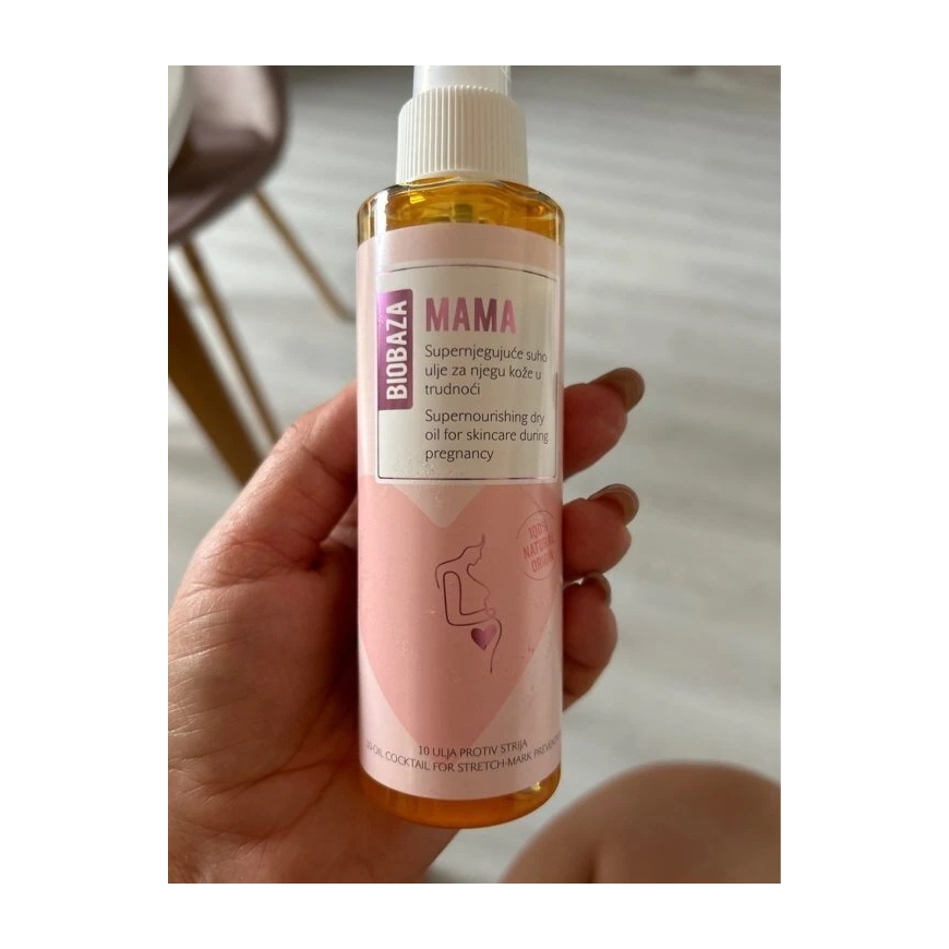 Biobaza Mama dabīgās sastāvdaļas ikdienas eļļa strijām uz vēdera un augšstilbiem, 150 ml – 3
