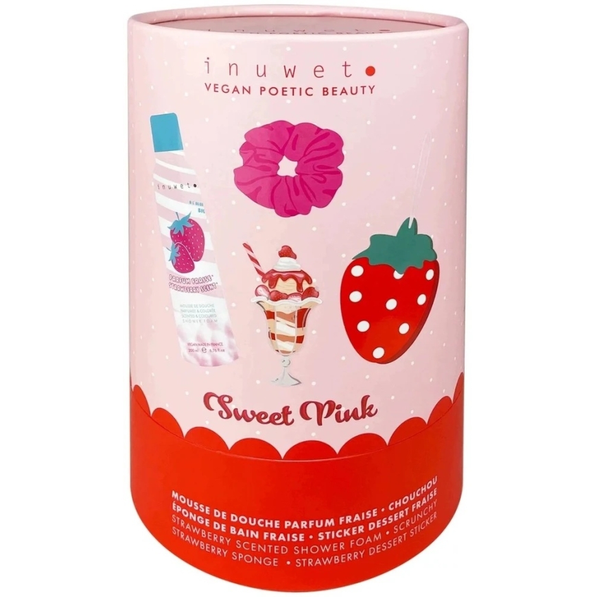 Inuwet-setti: mansikkainen puhdistava ja kosteuttava suihkovaahdotus, 200 ml + Scrunchy-hiuspanta + mansikkakylpyhuppu + mansikk – 2