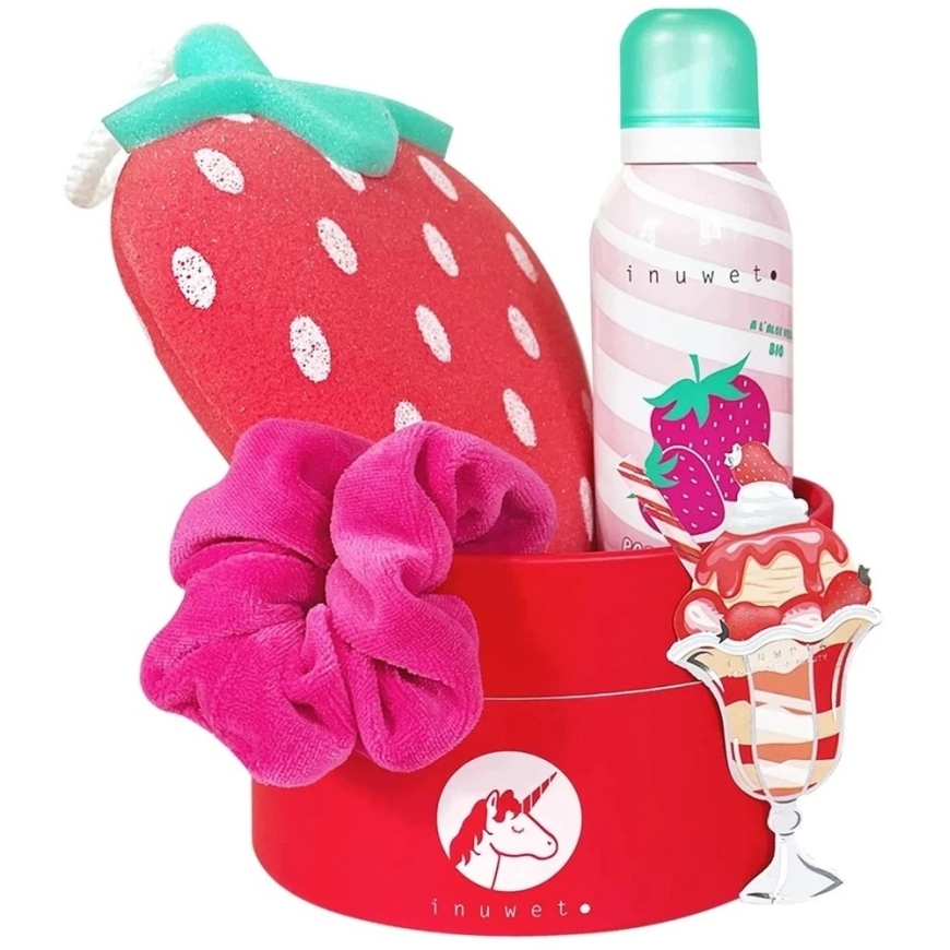 Inuwet komplekt: maasika puhastav ja niisutav dušigeel, 200 ml + Scrunchy juuksekumm + maasika kehapesuämbri + maasika kingitusk – 4