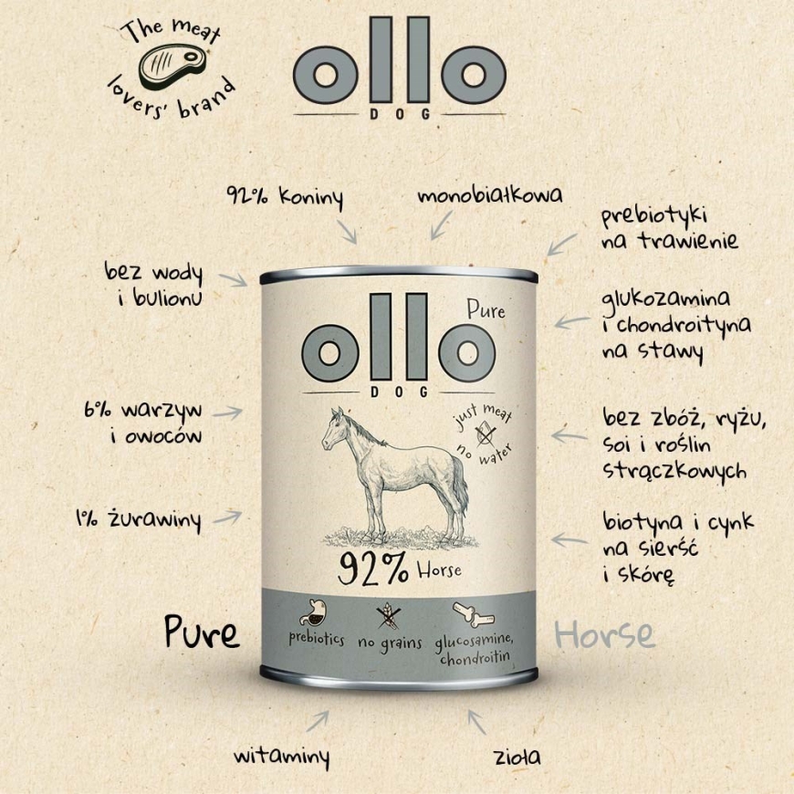 OLLO Pure Horse Mono - mitrā suņu barība - 850g – 4