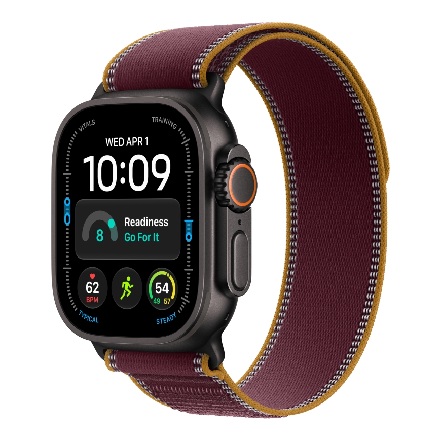 Apple Watch Ultra 4 (GPS + Cellular) 49 mm musta titaanikuori ja viininpunainen Trail-ranneke, S/M