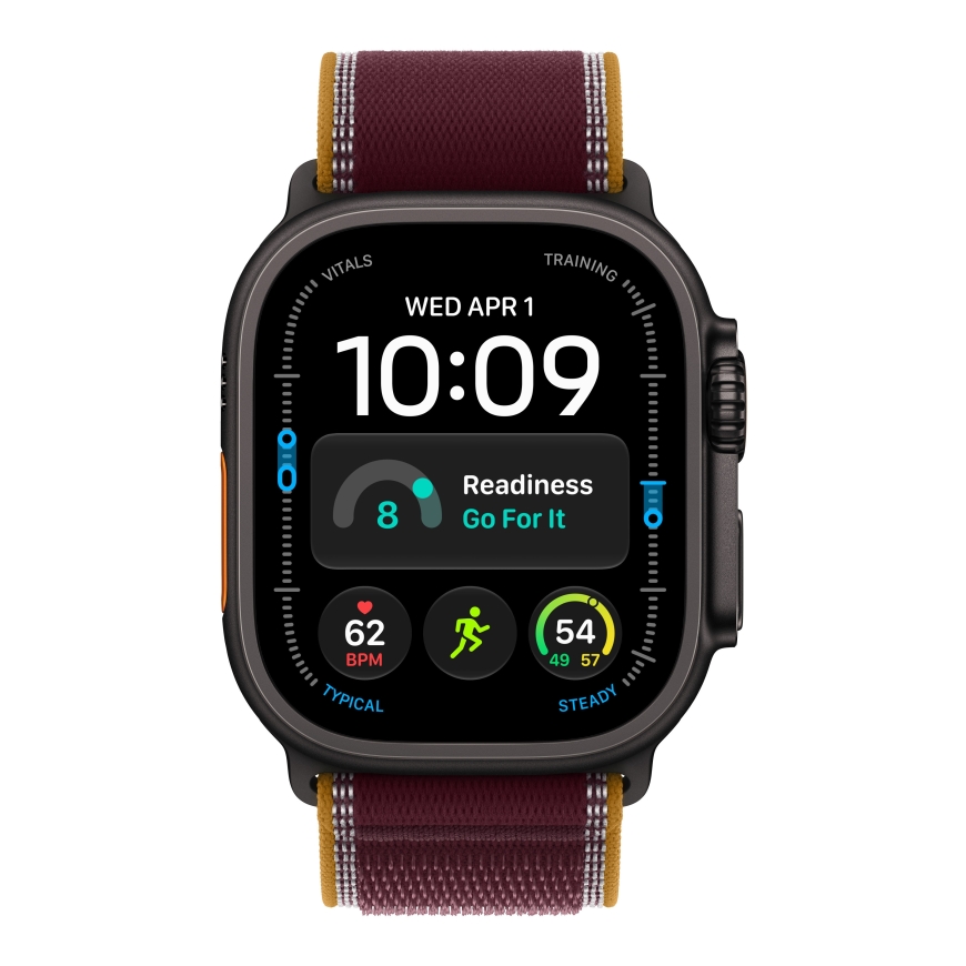 Apple Watch Ultra 4 (GPS + Cellular) 49 mm melna titāna korpuss un vīna sarkanā Trail josta, S/M – 2