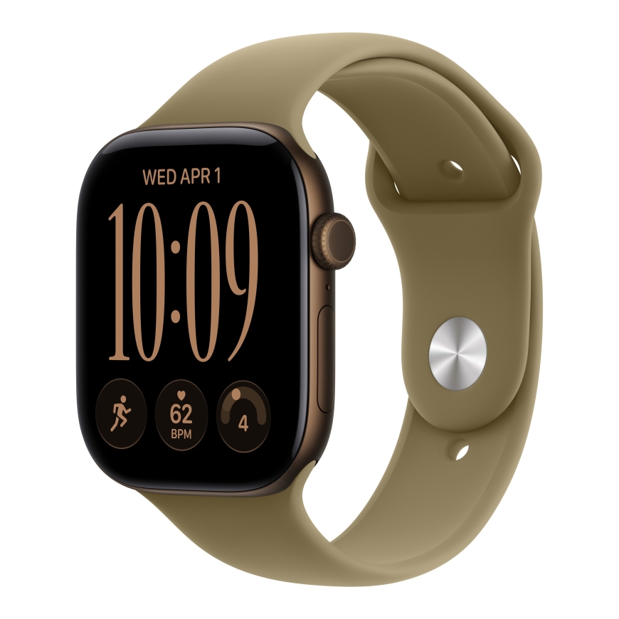 Apple Watch Series 12 (GPS + Cellular) 46 mm dark bronze aluminum case and olive green sports band, M/L