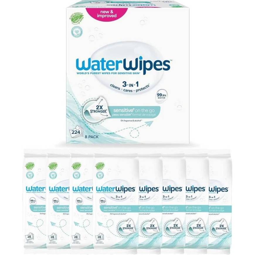 WATERWIPES SENSITIVE+ ON THE GO ВЛАЖНЫЕ САЛФЕТКИ 8 УПАКОВОК ПО 28 ШТ. (224 шт.) 3-IN-1