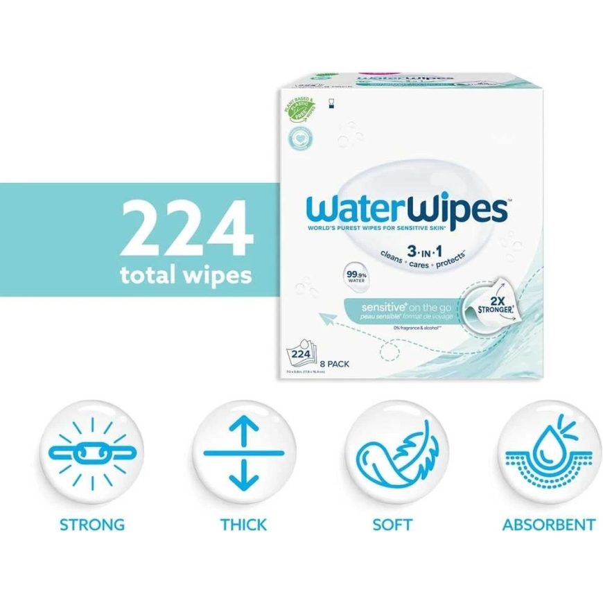 WATERWIPES SENSITIVE+ ON THE GO NIISKED LAPIKUD 8 PAKKI KAUPOODIDES 28 TK (224 tk) 3-ÜHES – 5