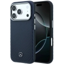 „Mercedes“ ādas pusā apvītais koka imitācijas „MagSafe“ vāks „iPhone 17 Pro Max“ – tumši zils Zils