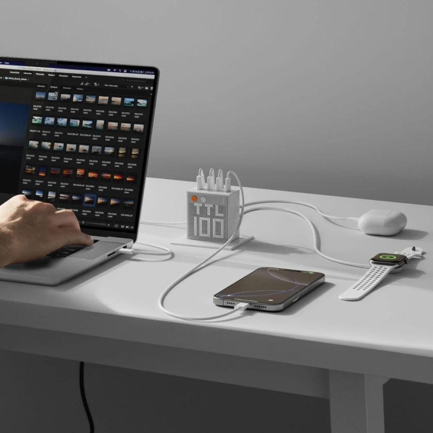 PowerNeed SHARGE Pixel 100 GaN lādētājs, 100 W, 3x USB-C, 1x USB-A – balts (CDT-SG-100-EUR-DZP-BAI) – 5