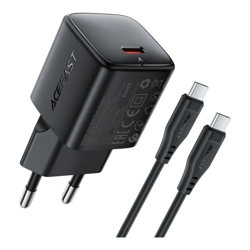 Acefast A118 30W GaN USB-C lādētājs + USB-C uz USB-C kabelis 1,2 m melns – 2