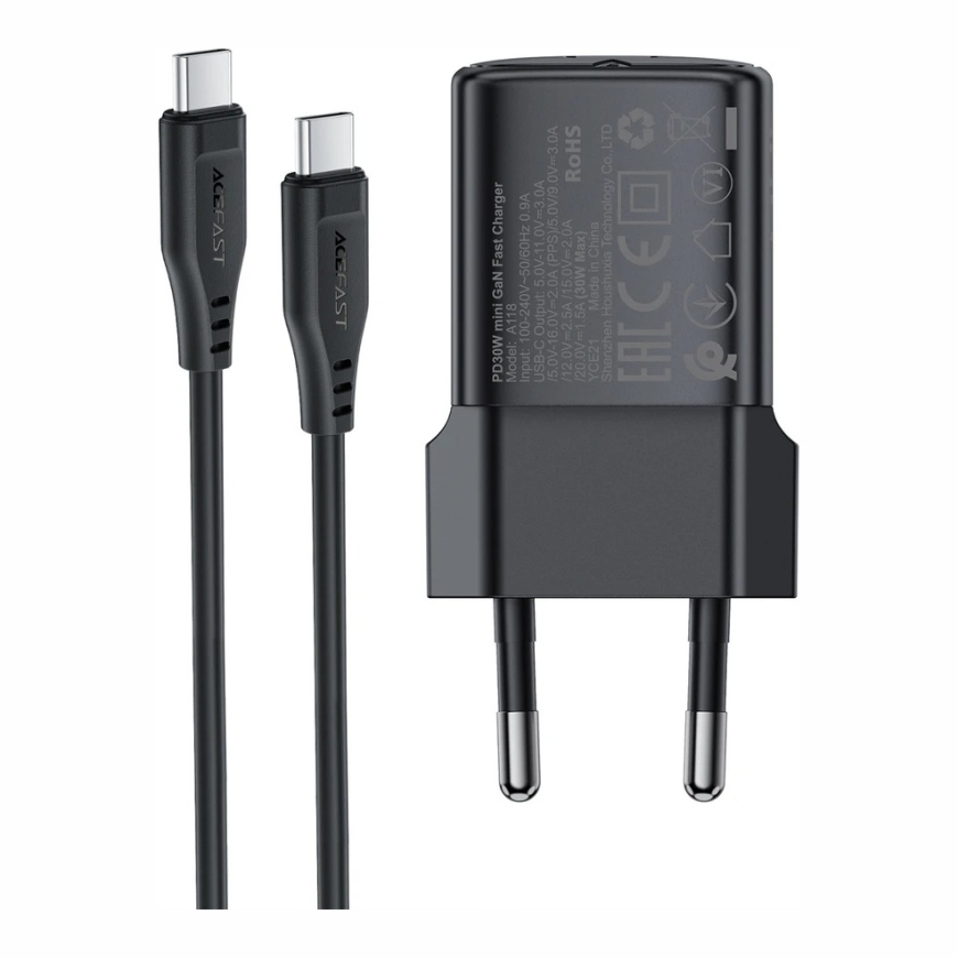 Acefast A118 30W GaN USB-C laadija + USB-C - USB-C kaabel 1,2 m must – 5