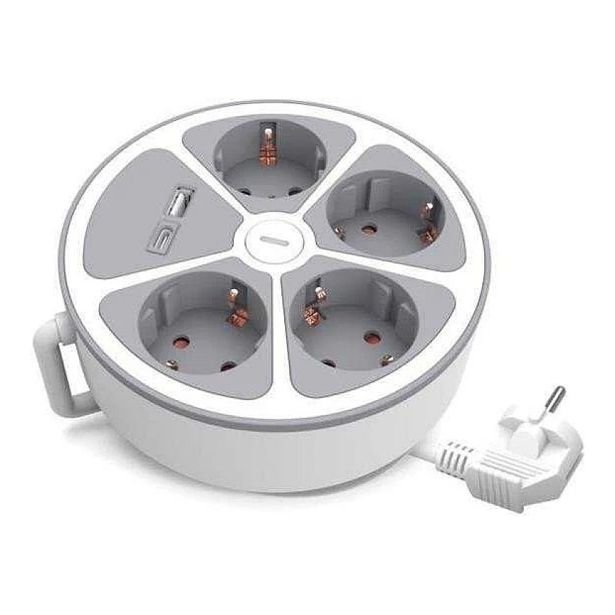 Plastrol 4-pistiku Schuko pikendus lülitiga ja USB-A ning USB-C sadamatega