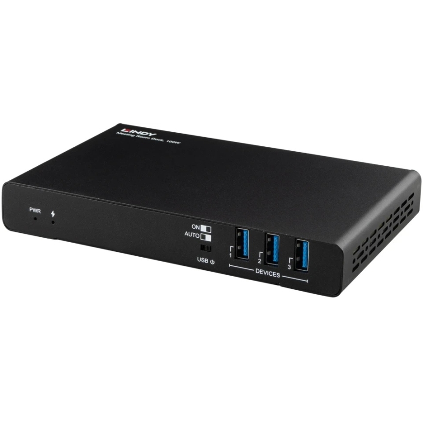 USB-C-kiinnitysasema - Lindy 43425 kokoushuoneasema, 2× 4K HDMI, 100 W PD, musta
