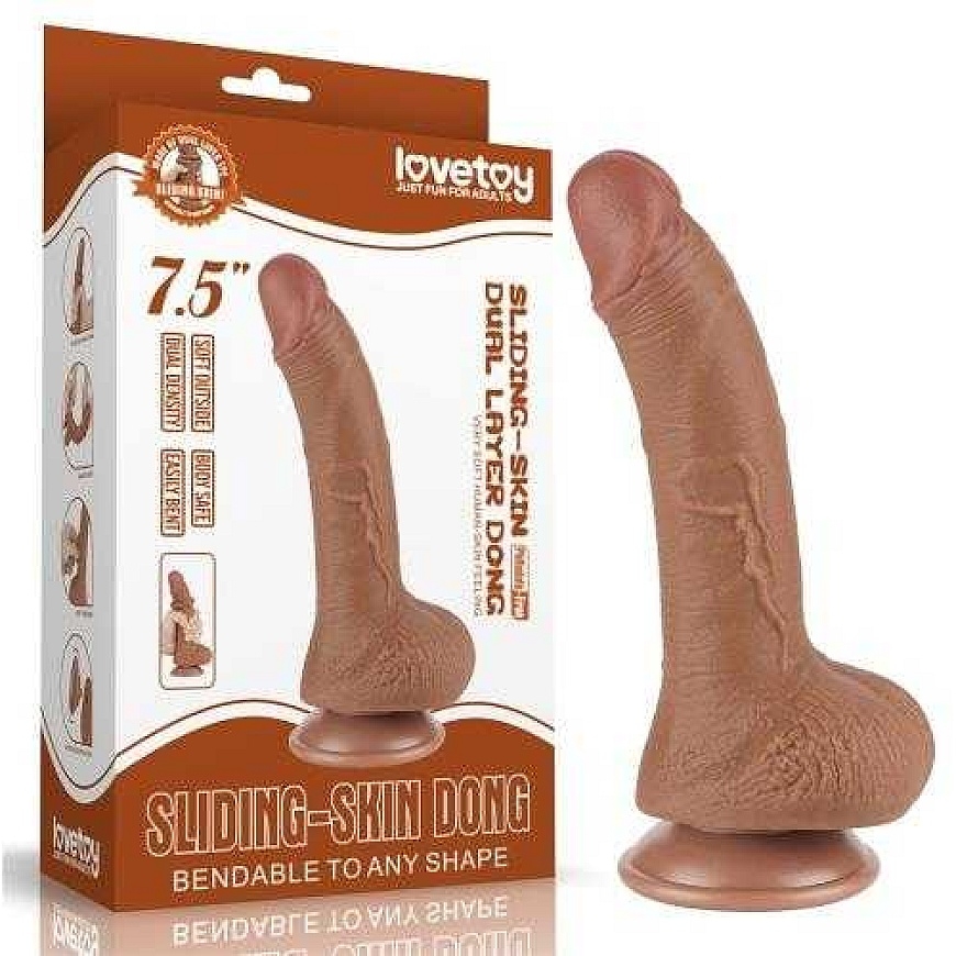 LoveToy 7.5'' double-layered skin dong, brown
