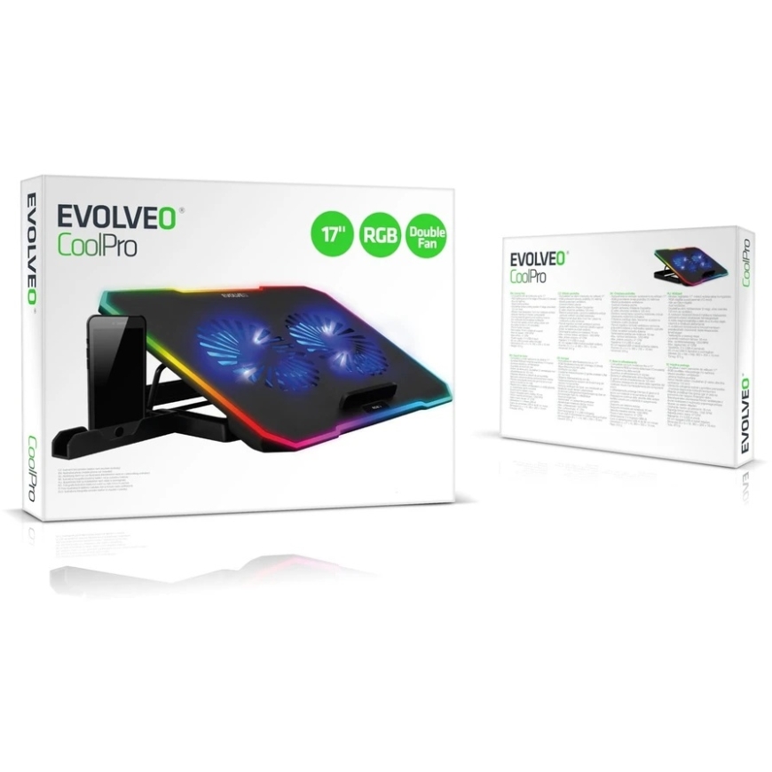 EVOLVEO CoolPro, nešiojamojo kompiuterio aušinimo kilimėlis, 2 ventiliatoriai, RGB foninis apšvietimas, juodas – 2