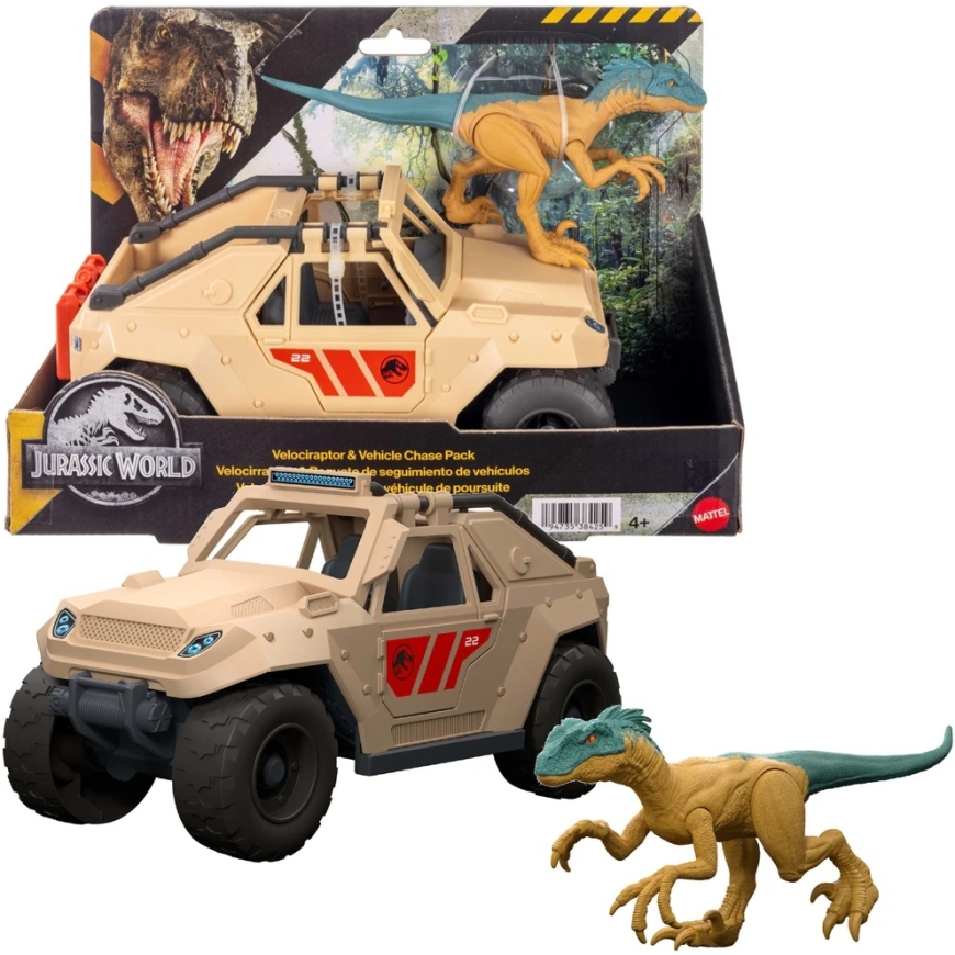 Jurassic World komplekt koos velociraptor dinosauruse kuju ja transpordivahendiga