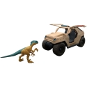 Jurassic World set with velociraptor dinosaur figure and vehicle