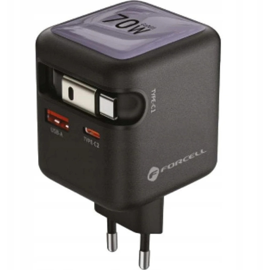 Telefono įkroviklis Forcell F-Energy GaN USB C + USB A + ištraukiamas laidas USB C PD QC4.0 3A 70W VT-R7 pilka – 2