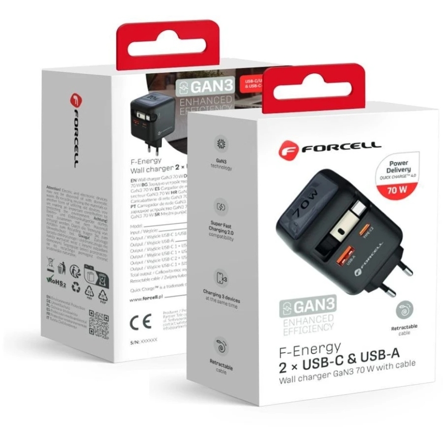 Telefono įkroviklis Forcell F-Energy GaN USB C + USB A + ištraukiamas laidas USB C PD QC4.0 3A 70W VT-R7 pilka – 5