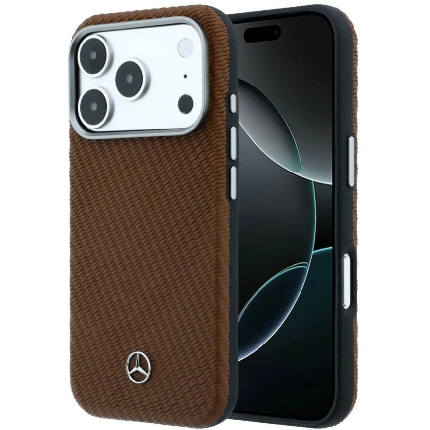 Mercedes ādas pusapaļš maciņš ar koka efektu un MagSafe, paredzēts iPhone 18 Pro / 17 Pro – brūns – 2
