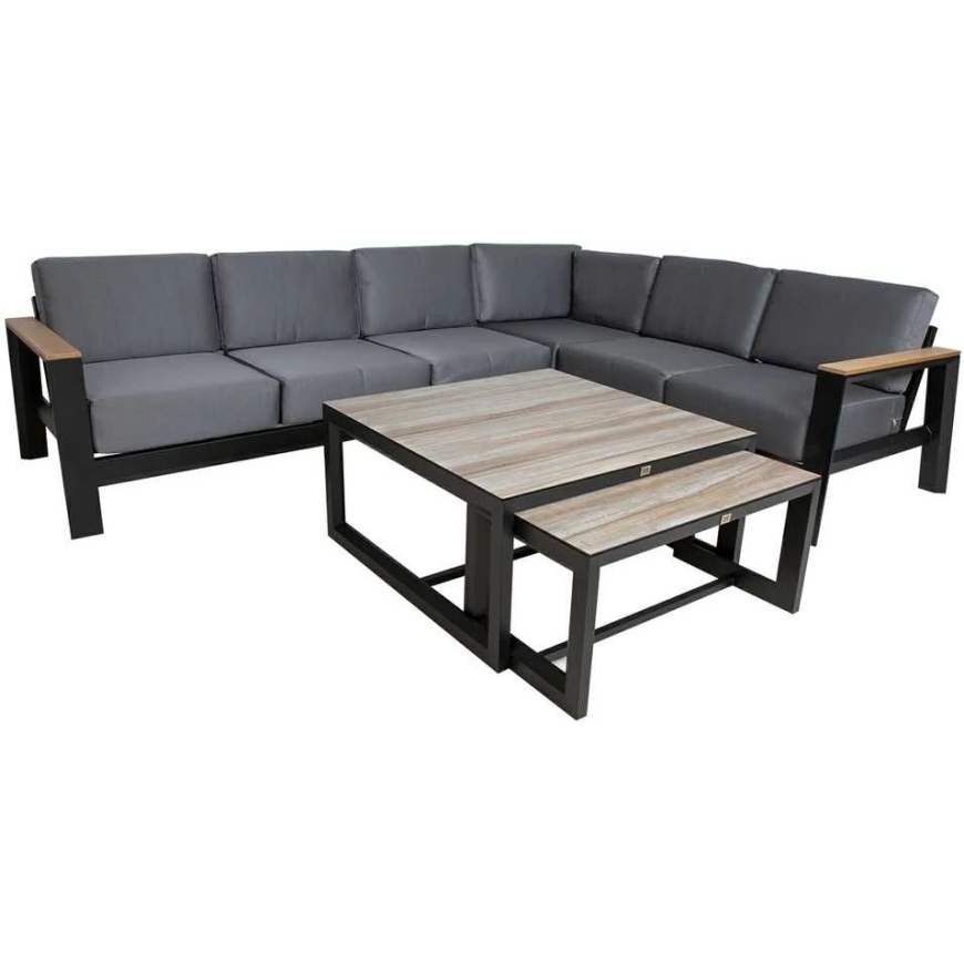 Lauko baldų komplektas Home4You Sodo baldų komplektas FELINO kampinė sofa, 2 stalai, juodos spalvos