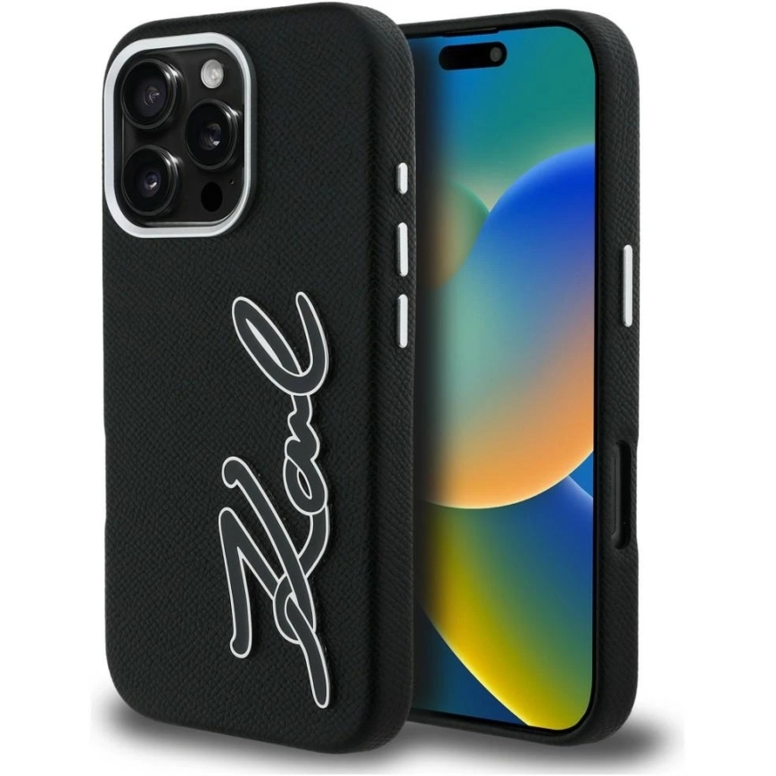 Karl Lagerfeld FW Grained Signature Logo kaitse iPhone 16 Pro Max - Must