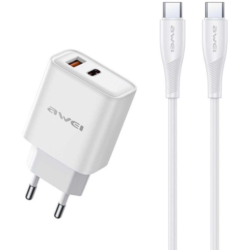 Зарядное устройство Awei PD81C-EU 22.5W USB-A/USB-C + USB-C на USB-C кабель 1.0м белый