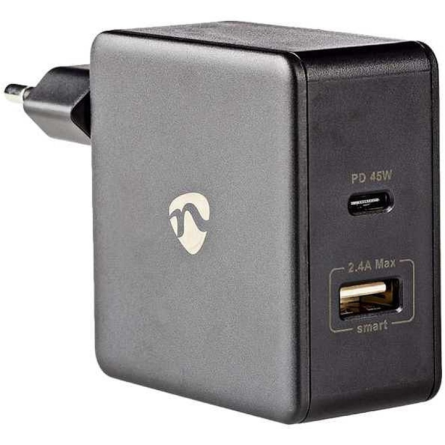 Nedis Network Charger 57 W Fast Charging Function 2.25 A 2.4 - Number of Outputs: 2, USB-A, USB-C™, No Cable Included, Automatic – 2