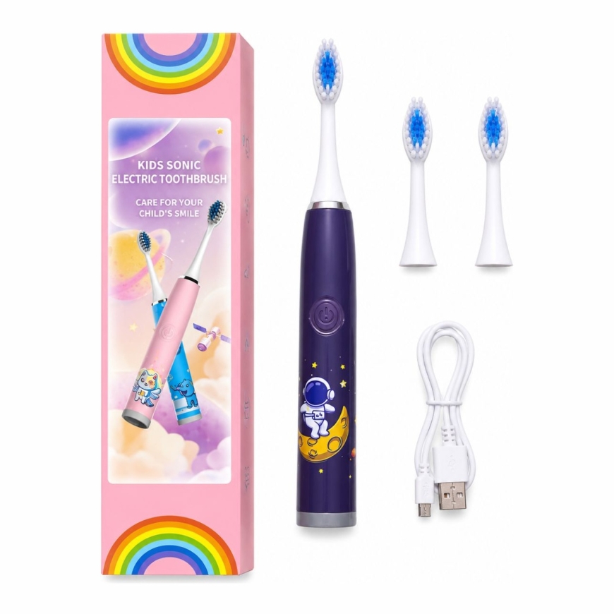 Laste laaditav sonic elektriline hambahari, USB laadimine, 3 harjapead (1+2 varupead), pehmed harjased, veekindel, kosmosaastron