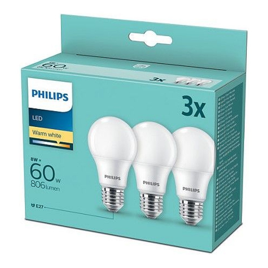 Philips E27 60W 3 vnt - LED lemputė 60W E27 Šilta balta 3 vnt