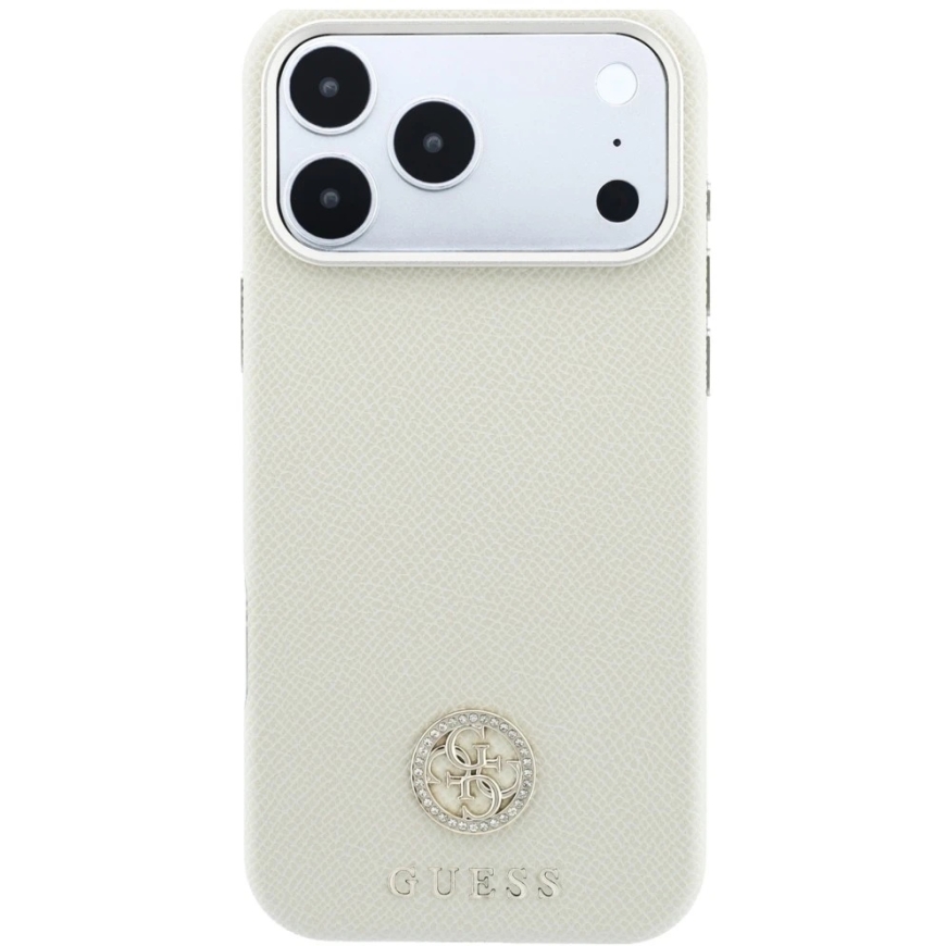 Guess Grained Round Strass Logo MagSafe-kuori iPhone 18 Pro / 17 Pro:lle - hiekanvärinen – 4