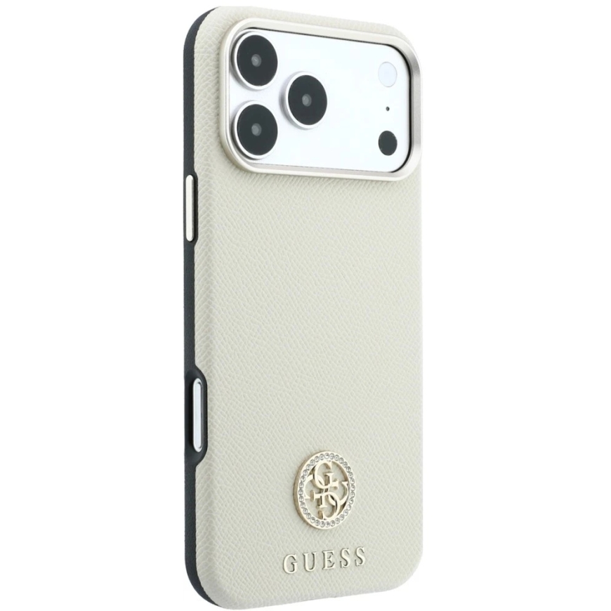 Guess Grained Round Strass Logo MagSafe-kuori iPhone 18 Pro / 17 Pro:lle - hiekanvärinen – 5