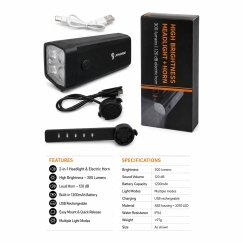 Įkraunamas dviračio priekinis žibintas su 120dB elektriniu hornu, 300 liumenų LED dviračio žibintu, USB įkrovimas, vairaračio nu
