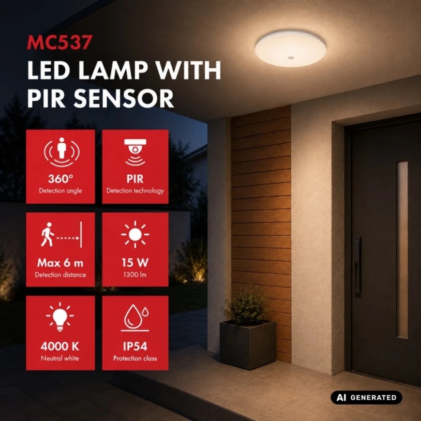 Ceiling LED lamp with PIR sensor Maclean, ceiling-mounted, 15W, 1300lm, IP54, 220-240V~ 50/60Hz, MCE537 – 5