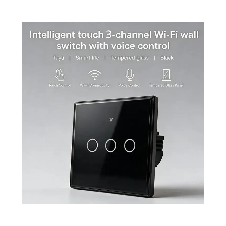 Qoltec Nutikas puutetundlik 3-kanaline valguse lüliti | Wi-Fi | Taimer | Tuya | Smart Life | Karastatud klaas | Must – 2