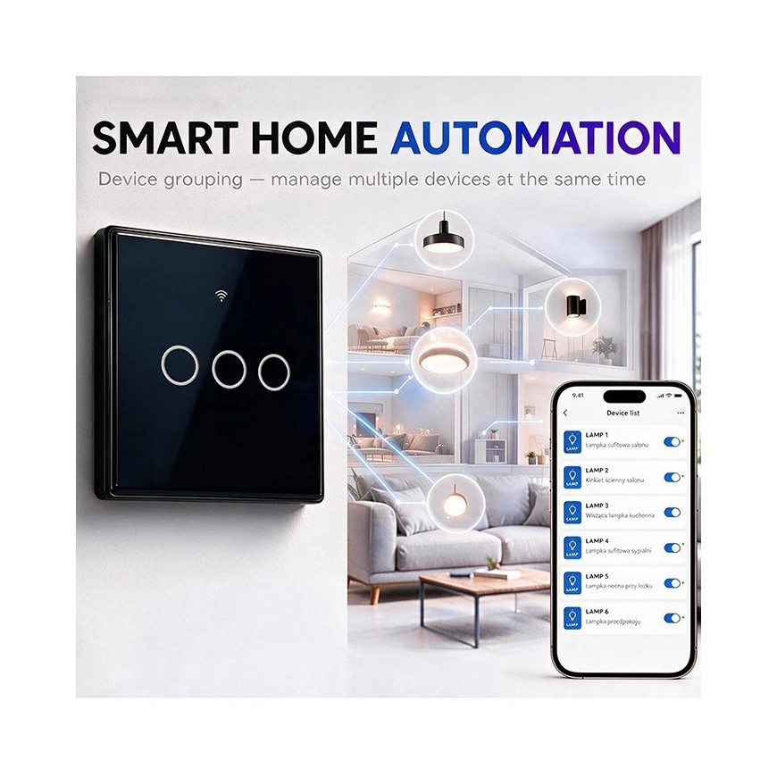 Qoltec Nutikas puutetundlik 3-kanaline valguse lüliti | Wi-Fi | Taimer | Tuya | Smart Life | Karastatud klaas | Must – 4