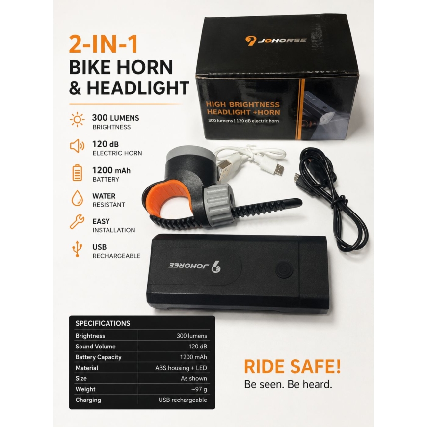 JOHORSE Bike Headlight & Electric Horn – 300 Lumens, 120dB, USB Rechargeable