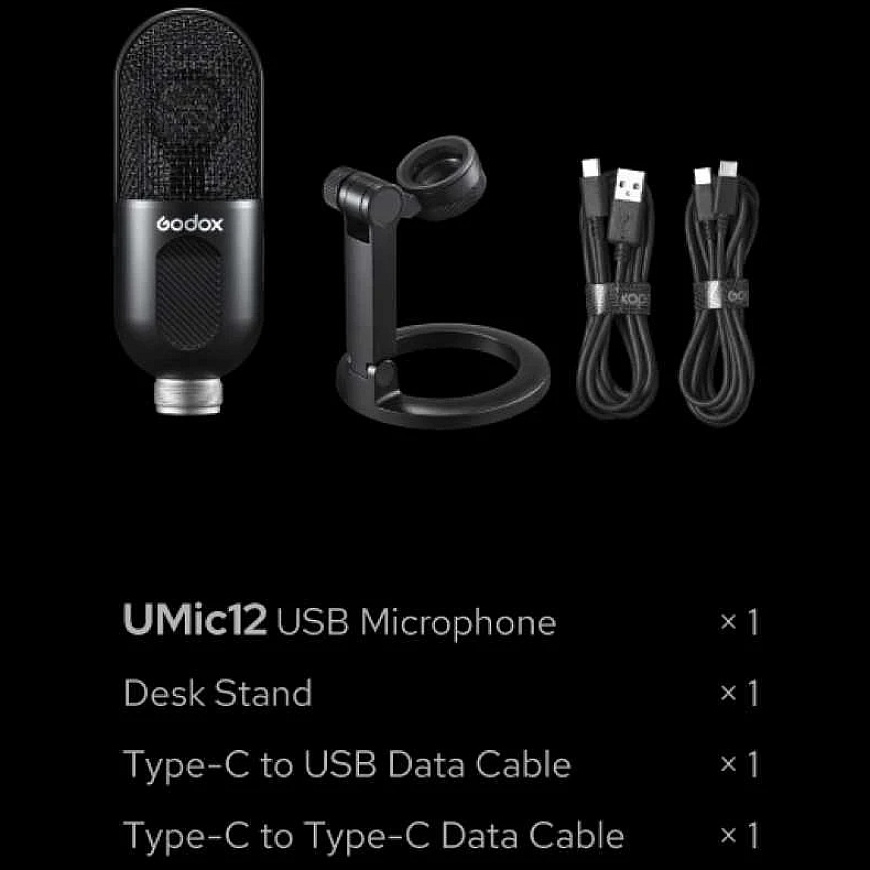 Mikrofonas - Godox UMic12 USB kondensatorinis kardioidinis su ausinių lizdu juodas