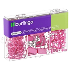 Office supplies set: staples, clips, push pins, pink, 1 pc. Berlingo, 120 pcs. in the package
