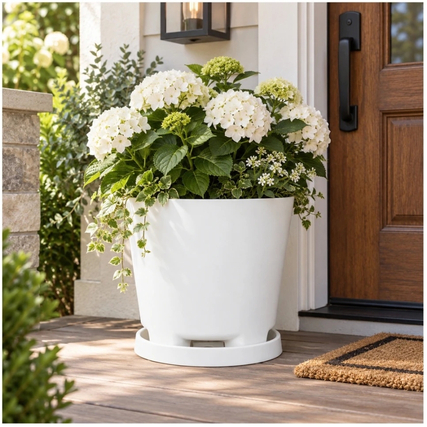 Oliz 19.5 cm white plastic flower pot with drainage holes and – 5