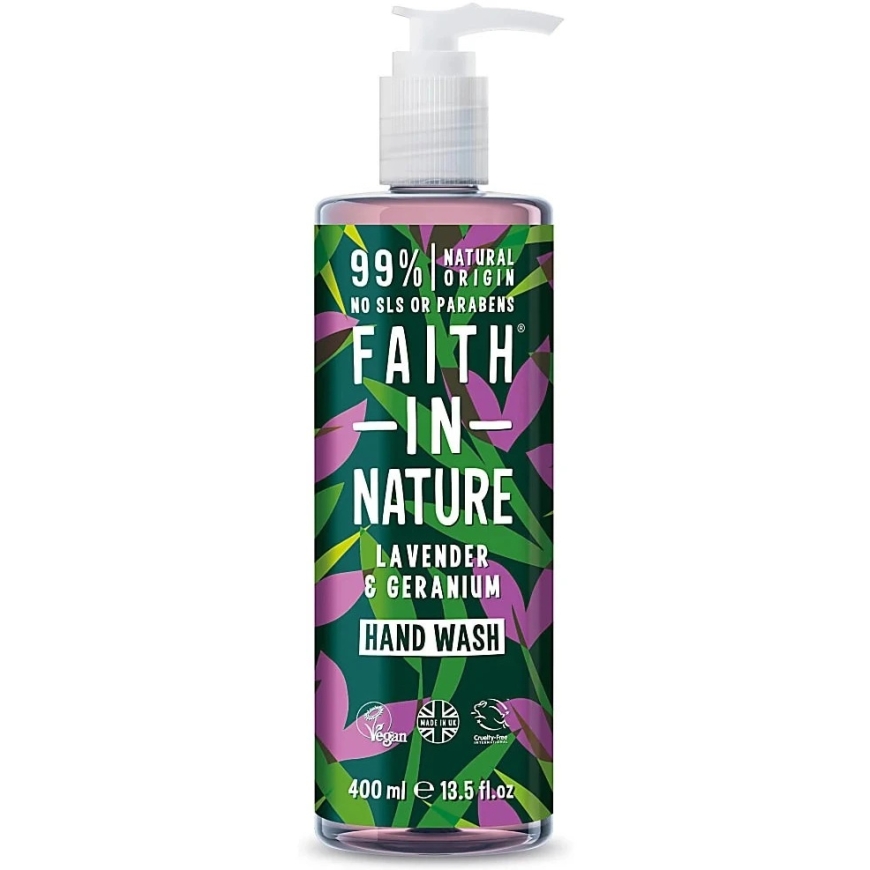 Faith In Nature Laventeli- ja geraniumpuhdistava ja ravitseva käsigeeli, 400 ml