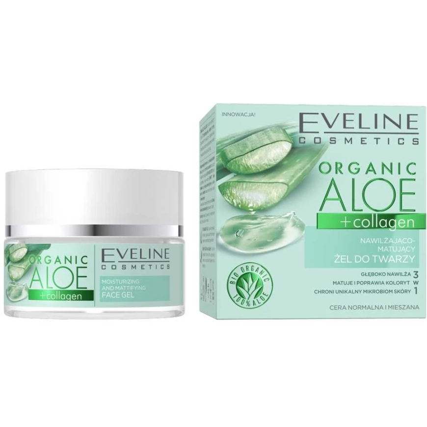 „Eveline Cosmetics“ kosteuttava ja mattapintainen palauttava kasvogeeli orgaanisella aloe veralla ja kollageenilla, 50 ml
