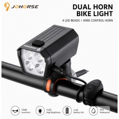 JOHORSE USB Rechargeable Bike Headlight with 120dB Electric Horn, 300LM 4 LED Bicycle Front Light, 7 Lighting Modes, Handlebar R